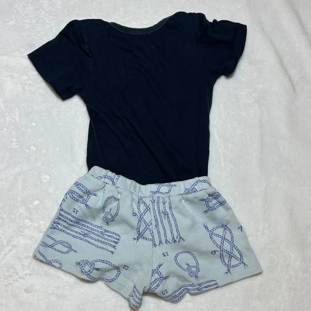 EUC The Beaufort Bonnet Co. nautical shorts & Blue Rooster pocket onesie 12/18mo